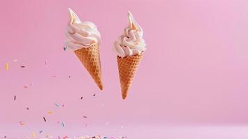 AI generated AI Generated creative flying scoop of ice cream in waffle cone on pink background. photo