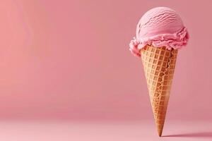 AI generated AI Generated creative flying scoop of ice cream in waffle cone on pink background. photo