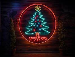 AI generated AI Generated neon Christmas tree light on the wall photo