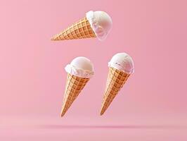 AI generated AI Generated creative flying scoop of ice cream in waffle cone on pink background. photo