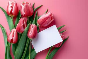 ai generado de la madre día, San Valentín día antecedentes concepto con tulipán flor, blanco saludo tarjeta. foto