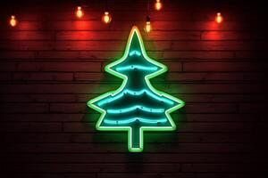 AI generated AI Generated neon Christmas tree light on the wall photo