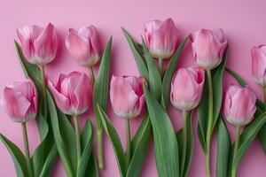 AI generated Mother's day, Valentine's Day background concept with tulip flower, blank greeting card. photo