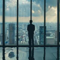 AI generated AI Generated businessman standing in office in front of a floor-to-ceiling glass window. photo