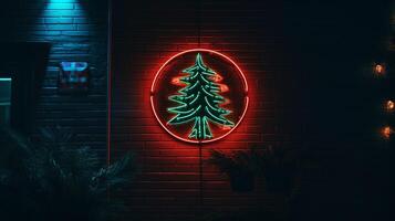 AI generated AI Generated neon Christmas tree light on the wall photo