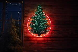 ai generado ai generado neón Navidad árbol ligero en el pared foto