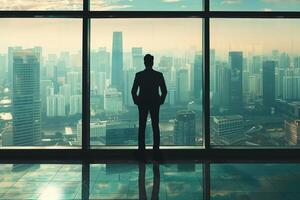 AI generated AI Generated businessman standing in office in front of a floor-to-ceiling glass window. photo