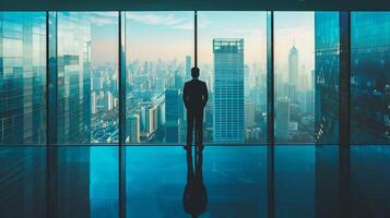 AI generated AI Generated businessman standing in office in front of a floor-to-ceiling glass window. photo