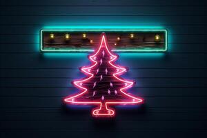 AI generated AI Generated neon Christmas tree light on the wall photo