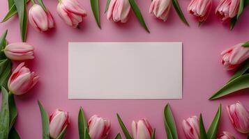 AI generated Mother's day, Valentine's Day background concept with tulip flower, blank greeting card. photo