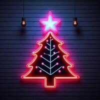 AI generated AI Generated neon Christmas tree light on the wall photo