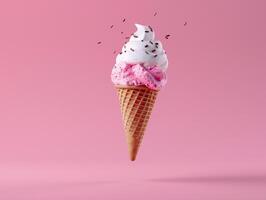 AI generated AI Generated creative flying scoop of ice cream in waffle cone on pink background. photo