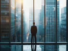 ai generado ai generado empresario en pie en oficina en frente de un piso a techo vaso ventana. foto