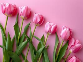 ai generado de la madre día, San Valentín día antecedentes concepto con tulipán flor, blanco saludo tarjeta. foto