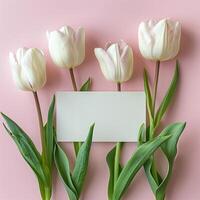 AI generated Mother's day, Valentine's Day background concept with tulip flower, blank greeting card. photo