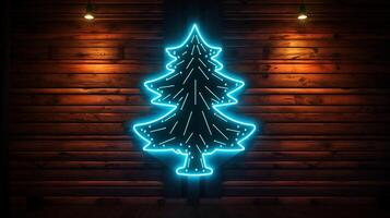 AI generated AI Generated neon Christmas tree light on the wall photo