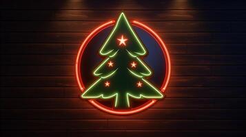 AI generated AI Generated neon Christmas tree light on the wall photo