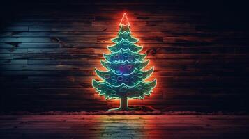 AI generated AI Generated neon Christmas tree light on the wall photo