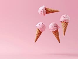 AI generated AI Generated creative flying scoop of ice cream in waffle cone on pink background. photo