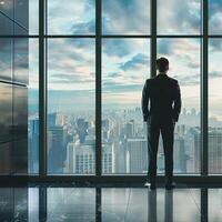 AI generated AI Generated businessman standing in office in front of a floor-to-ceiling glass window. photo