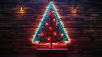 AI generated AI Generated neon Christmas tree light on the wall photo