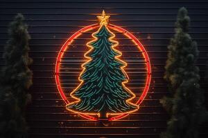 AI generated AI Generated neon Christmas tree light on the wall photo