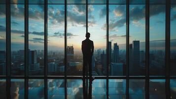 ai generado ai generado empresario en pie en oficina en frente de un piso a techo vaso ventana. foto