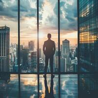 AI generated AI Generated businessman standing in office in front of a floor-to-ceiling glass window. photo