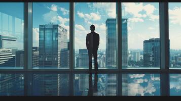 AI generated AI Generated businessman standing in office in front of a floor-to-ceiling glass window. photo