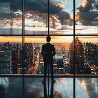 ai generado ai generado empresario en pie en oficina en frente de un piso a techo vaso ventana. foto