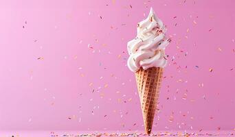 AI generated AI Generated creative flying scoop of ice cream in waffle cone on pink background. photo