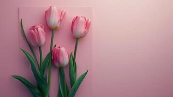 ai generado de la madre día, San Valentín día antecedentes concepto con tulipán flor, blanco saludo tarjeta. foto