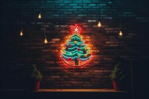 ai generado ai generado neón Navidad árbol ligero en el pared foto