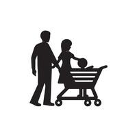 familia con compras. compras tarjeta icono. negro en blanco antecedentes. vector ilustración