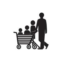 familia con compras. compras tarjeta icono. negro en blanco antecedentes. vector ilustración