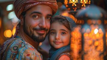 AI generated Ai Generative photo of a happy muslim family with ramadan lanterns in streets