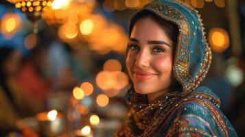 AI generated Ai Generative photo of a happy muslim woman with ramadan lanterns in streets