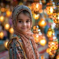 ai generado ai generativo foto de un contento musulmán niña con Ramadán linternas en calles