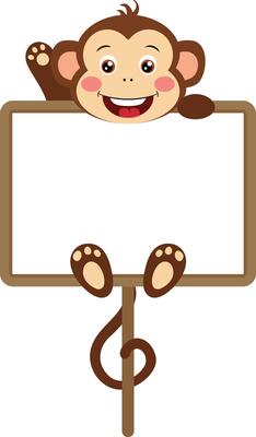 Cute monkey waving hanging a blank signboard