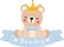 Prince teddy bear with baby boy ribbon banner vector