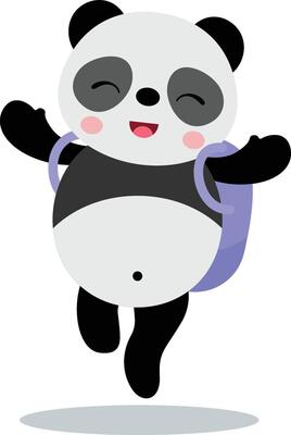 Happy panda student with backpack on his back