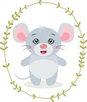 Cute gray mouse inside an oval leaves border vector