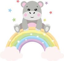 contento hipopótamo en parte superior de el arco iris vector