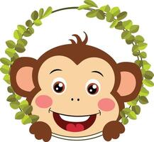 Friendly monkey peeking out of round leaves frame vector