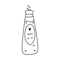 Cute line doodle of shower gel, shampoo, foam with label. Funny bath and shower cosmetic. Plastic bottle of cherry gel for skincare. Simple clipart with hand drawn outline isolated on white vector