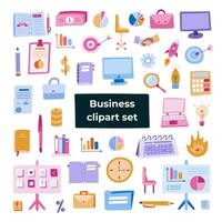 Big business set with colorful hand drawn clipart in doodle style. Vector illustrations isolated. Briefcase, lamp, money and finances, laptop, computer, planner, calendars, target, deadline, chart.