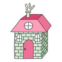 Cute hand drawn country house with door, window, chimney with smoke. Cozy village cottage for kid's bedroom or nursery design. Exterior of home, village buildings, countryside home. Doodle house vector