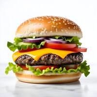 ai generado sabroso hamburguesa aislado en blanco antecedentes Fresco hamburguesa comida rápida con carne de vaca y queso foto