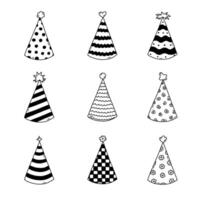 Cute set with birthday party hat with pompon above. Sketch of party cone and Christmas cap with cute decoration. Simple vector black doodle with hand drawn outline isolated on white background.