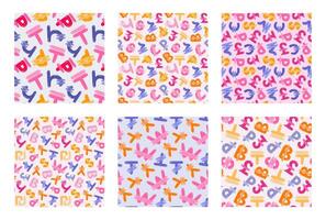 Bundle of playful simple seamless pattern with international currency symbols. Bright background with hand drawn doodle of money signs in naive style for wrapping paper, background, fabric, scrapbook. vector